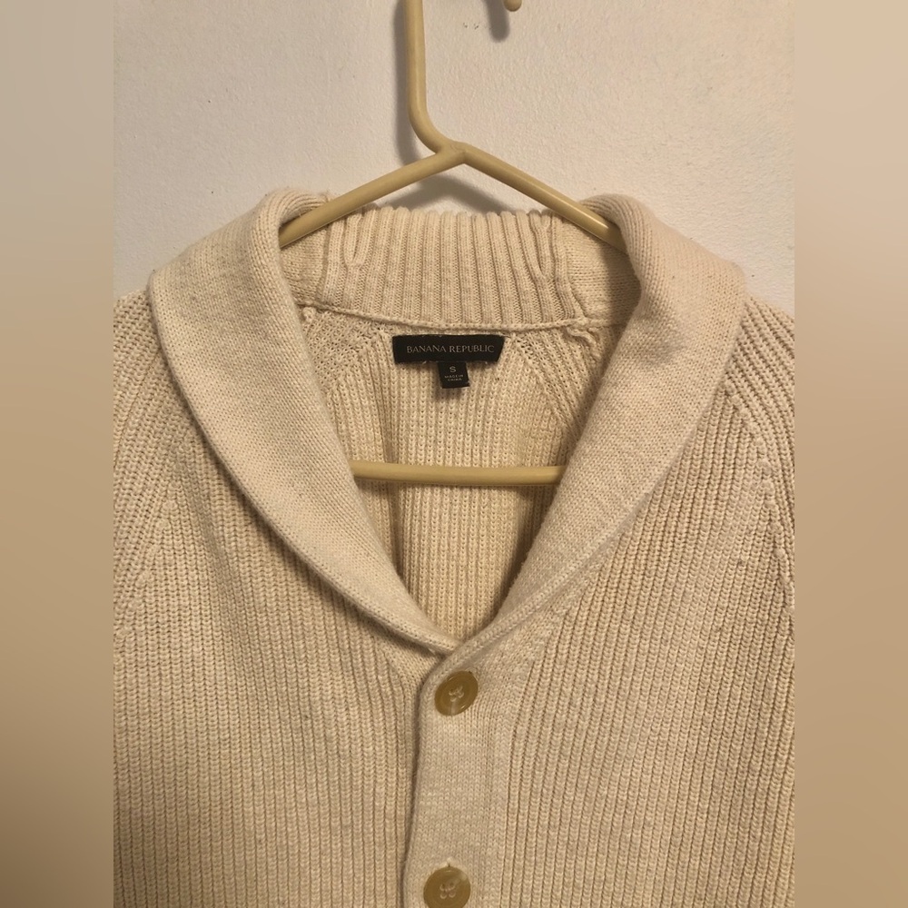 Banana Republic Mens Cotton Cream Ribbed Knit Cardigan Preppy Shawl Collar - Picture 3 of 10